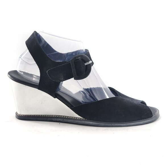 ARCHE Black Nubuck Leather Peep Toe Mirrored Wedge Slingback Sandals - Picture 1 of 10